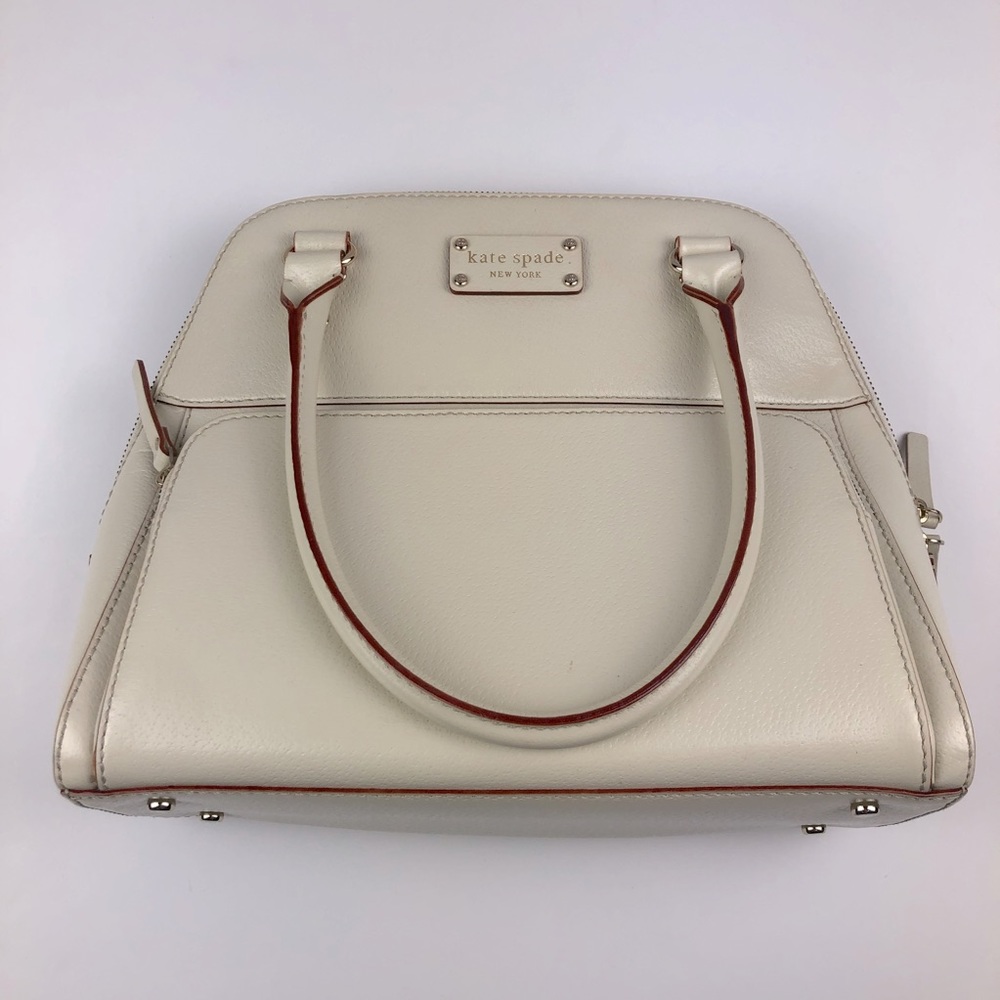 Kate Spade Leather Large Dome Satchel Handbag eggshell brick red trim
